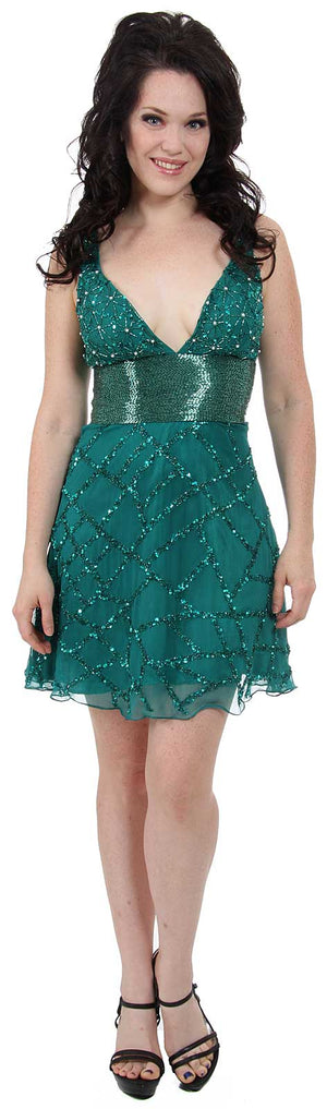 Image of Fully Beaded V-neck Short Dress in Jade Green
