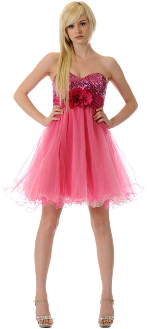 Image of Strapless Flowered Waistline Sequin Party Dress in Fuchsia