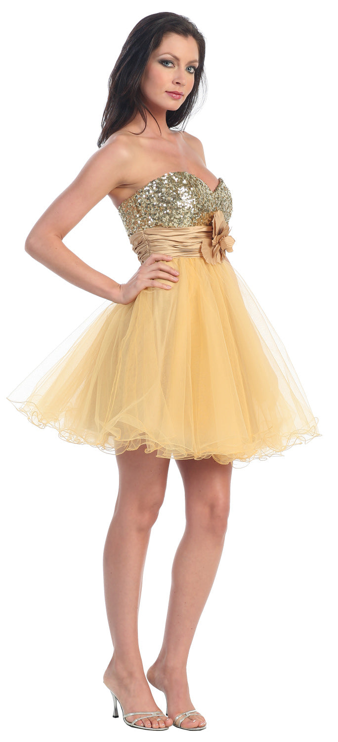 Strapless Flowered Waistline Sequin Party Dress