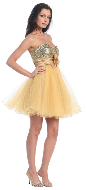 Strapless Flowered Waistline Sequin Party Dress