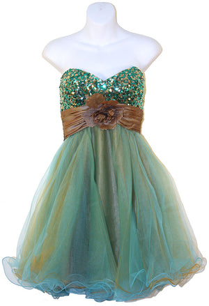 Image of Strapless Flowered Waistline Sequin Party Dress in Turquoise/Brown