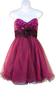 Image of Strapless Flowered Waistline Sequin Party Dress in Plum color