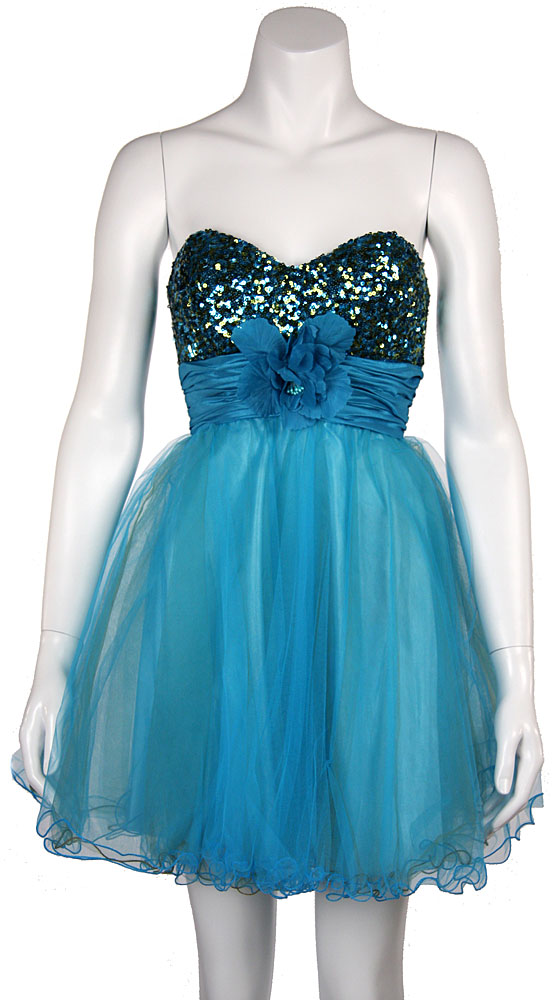 Image of Strapless Flowered Waistline Sequin Party Dress in Turquoise/Olive Green