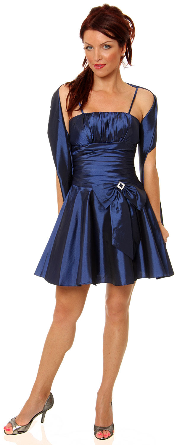 Image of Shirred Bodice Short Party Dress With Bow Applique in alternative image
