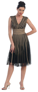 Main image of Mesh Tea Length Formal Dress With Striped Detail