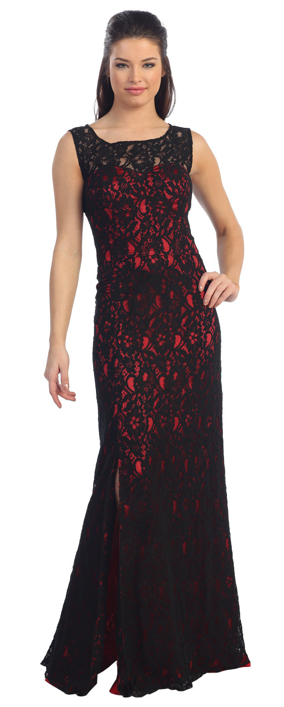 Main image of Sleeveless Lace Long Formal Dress With Front Slit