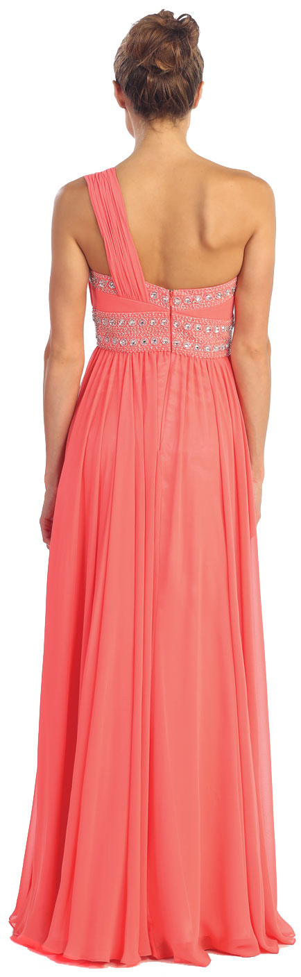 Back image of One Shoulder Ruched Long Formal Dress With Bejeweled Bust