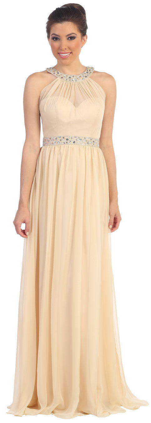 Image of Halter Neck Floor Length Formal Prom Dress With Rhinestones in Champaign