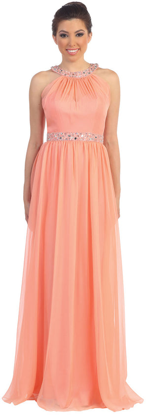 Image of Halter Neck Floor Length Formal Prom Dress With Rhinestones in Coral