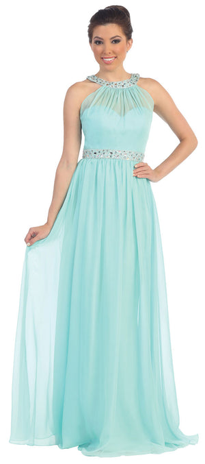 Image of Halter Neck Floor Length Formal Prom Dress With Rhinestones in Mint