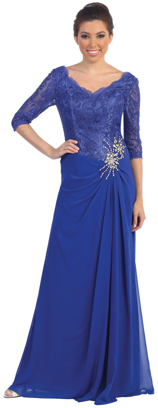 Main image of V-neck Lace Top Long Formal Mother Of The Bride Dress
