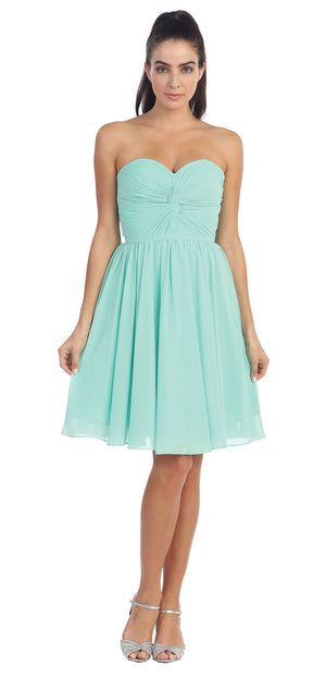 Image of Strapless Pleated Knot Bust Short  bridesmaid Party Dress in Mint