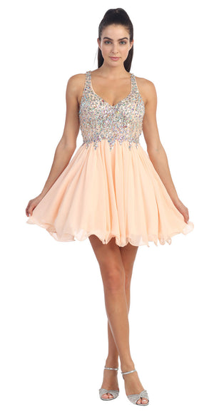 Image of V-neck Racer Back Rhinestones Bust Short Formal Prom Dress in Peach