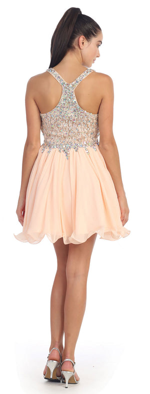 Image of V-neck Racer Back Rhinestones Bust Short Formal Prom Dress back in Peach