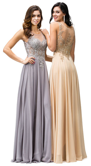 Back image of Jewel Embellished Sheer Mesh Top Chiffon Prom Dress