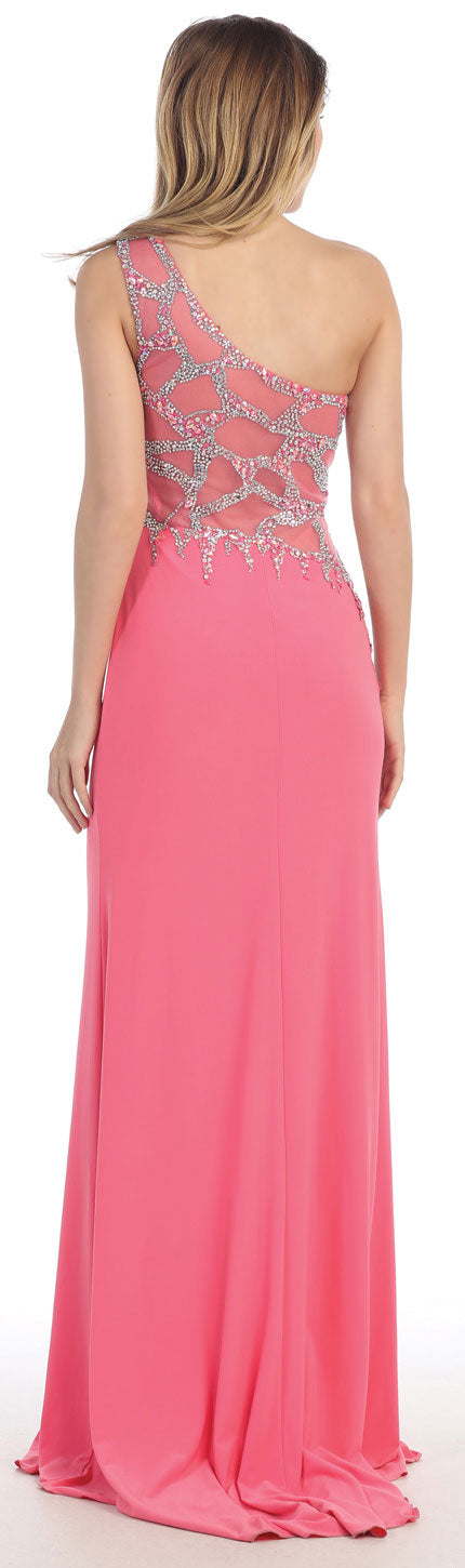 Back image of One Shoulder Web Beaded Pattern Long Prom Pageant Dress