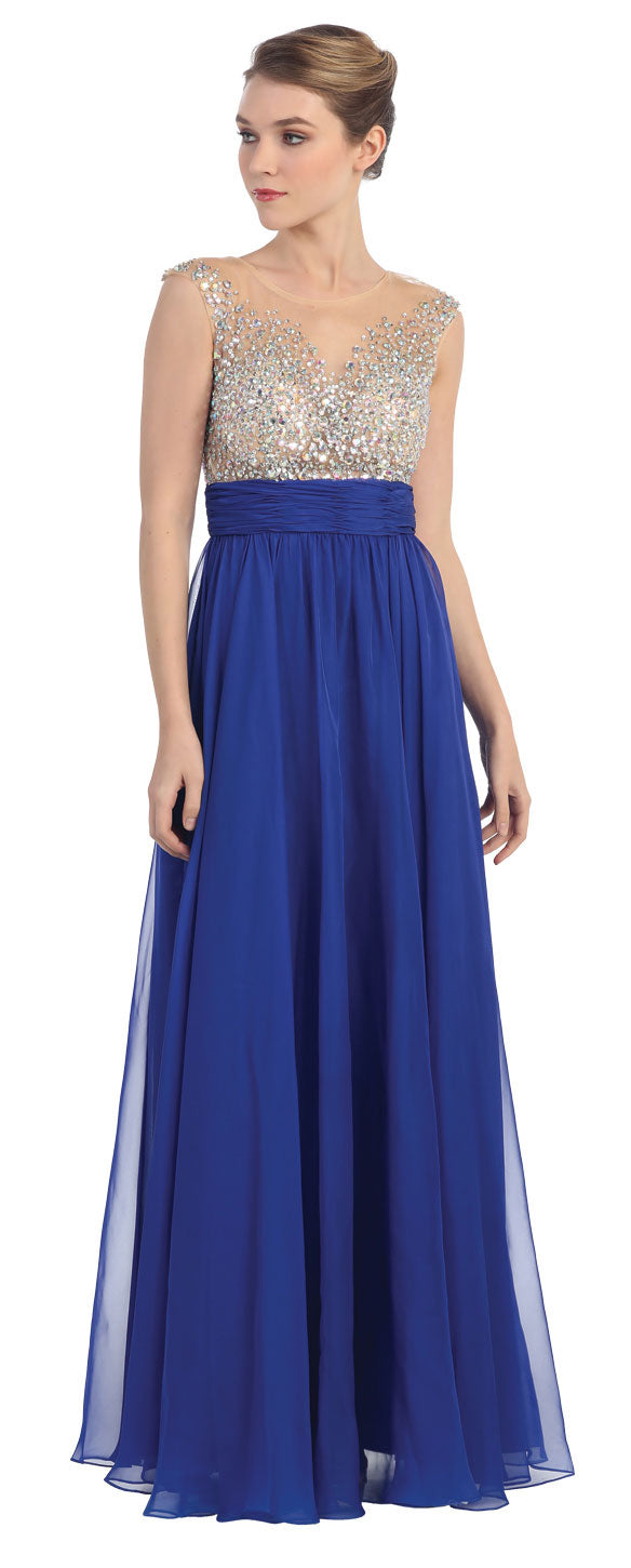 Image of Bejeweled Mesh Bust Long Prom Pageant Dress in Royal Blue