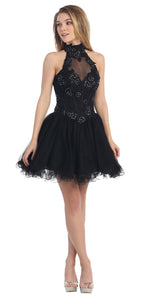 Main image of Halter Neck Lace Bodice Mesh Short Homecoming Party Dress