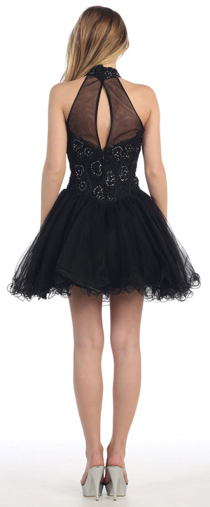 Back image of Halter Neck Lace Bodice Mesh Short Homecoming Party Dress