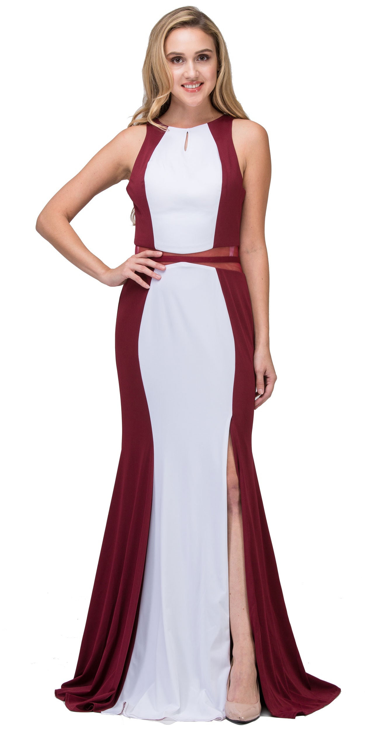 Image of High Neck Color Block Mesh Insert Long Formal Evening Dress in Burgundy/White
