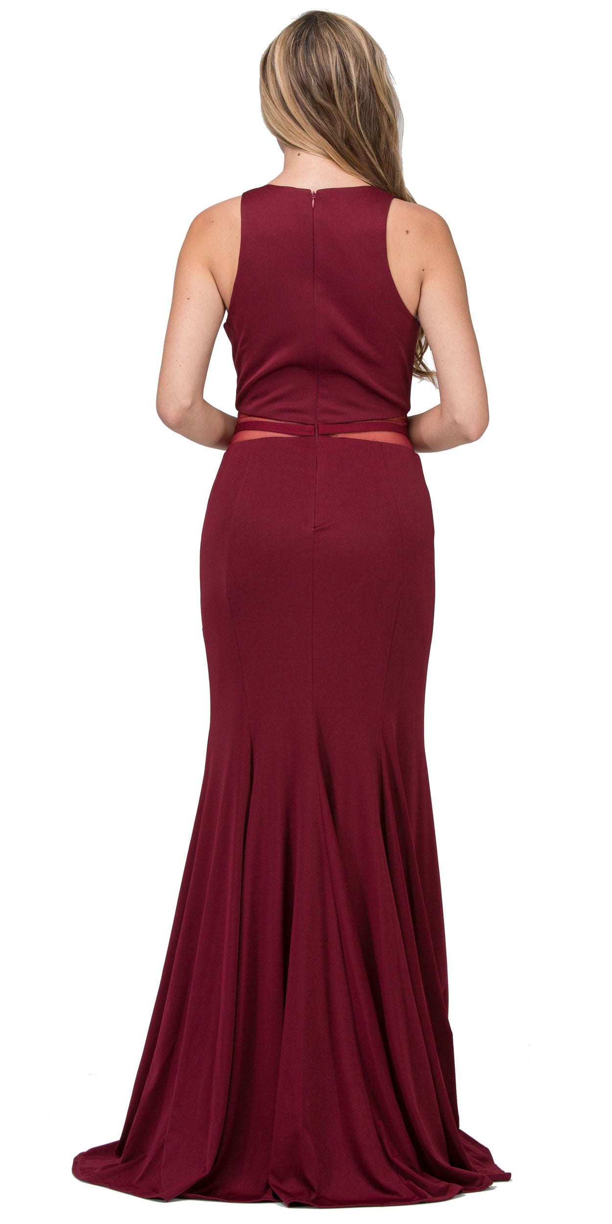 Back image of High Neck Color Block Mesh Insert Long Formal Evening Dress