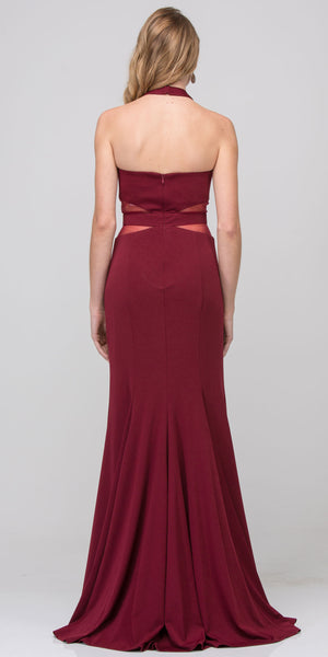 Back image of Halter Neck Mesh Panels Front Slit Long Formal Prom Dress