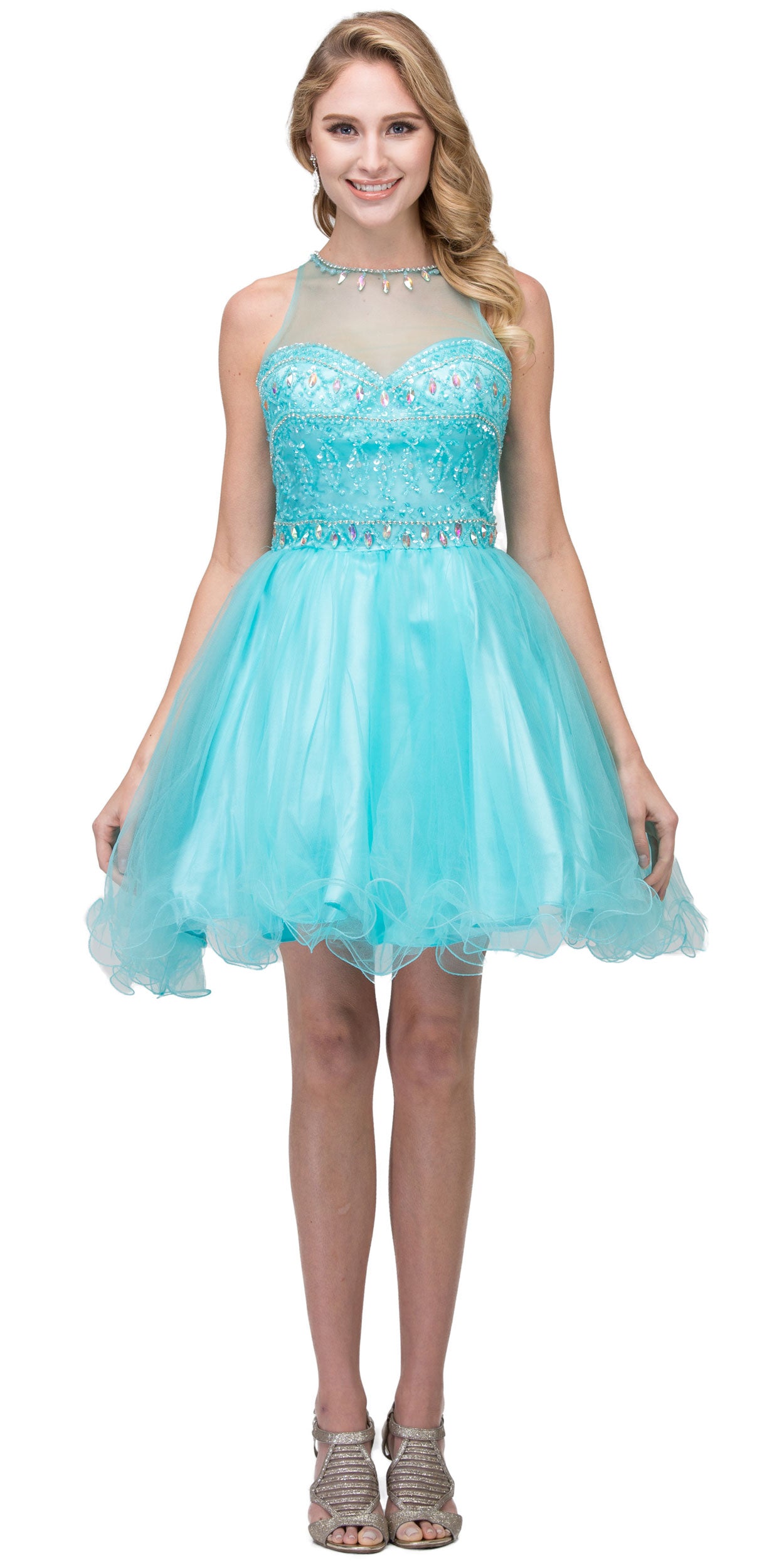 Main image of High Neck Bejeweled Bodice Mesh Short Homecoming Dress