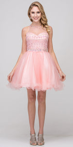 Image of High Neck Bejeweled Bodice Mesh Short Homecoming Dress in Blush