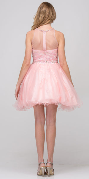 Back image of High Neck Bejeweled Bodice Mesh Short Homecoming Dress