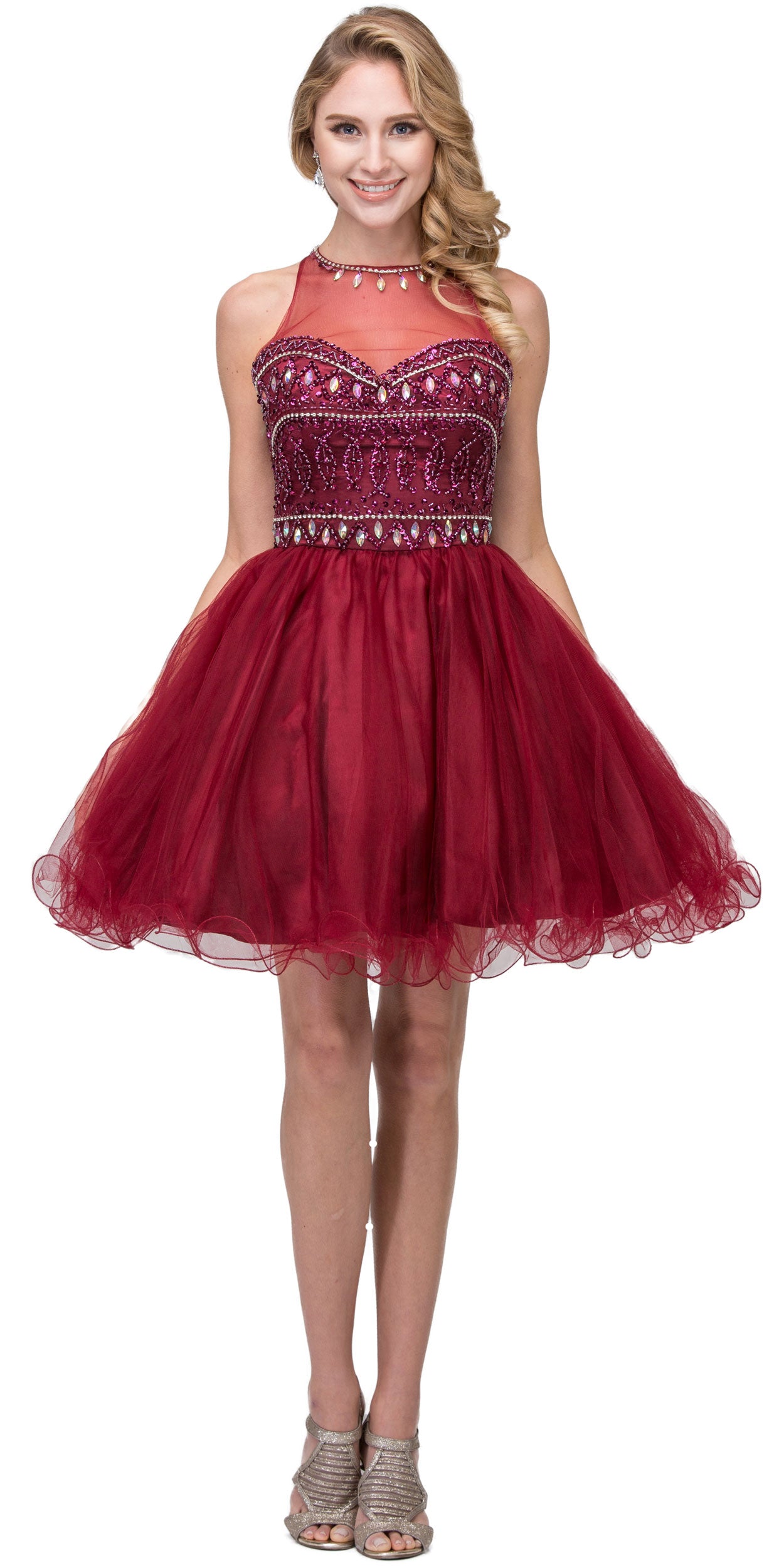 Image of High Neck Bejeweled Bodice Mesh Short Homecoming Dress in Burgundy