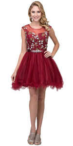 Image of Floral Embroidery Mesh Top Short Tulle Homecoming Dress in Burgundy