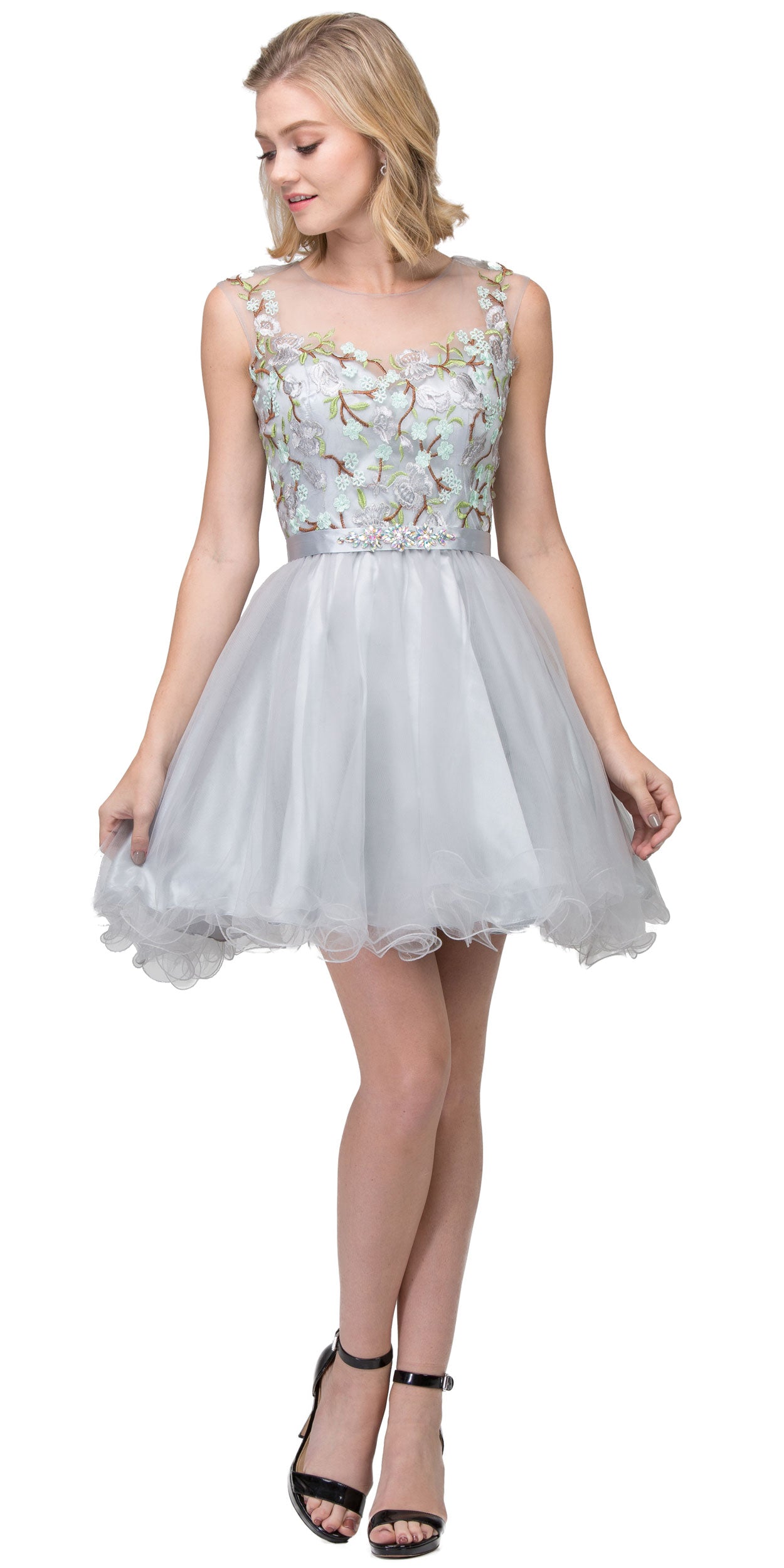 Main image of Floral Embroidery Mesh Top Short Tulle Homecoming Dress