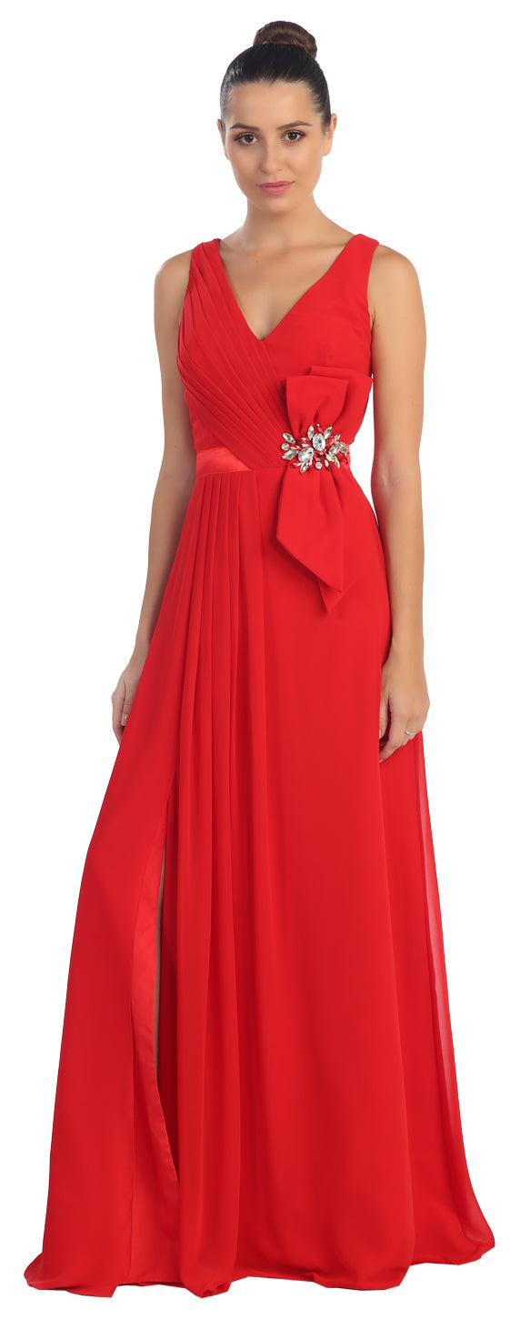 Main image of V-neck Pleated Bow Accent Long Formal Prom Dress