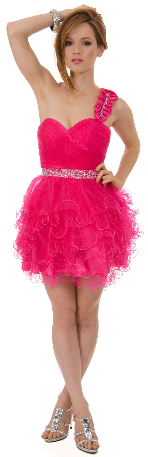 Image of One Shoulder Tiered Skirt Mesh Short Prom Dress  in Fuchsia