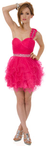 Image of One Shoulder Tiered Skirt Mesh Short Prom Dress  in Fuchsia