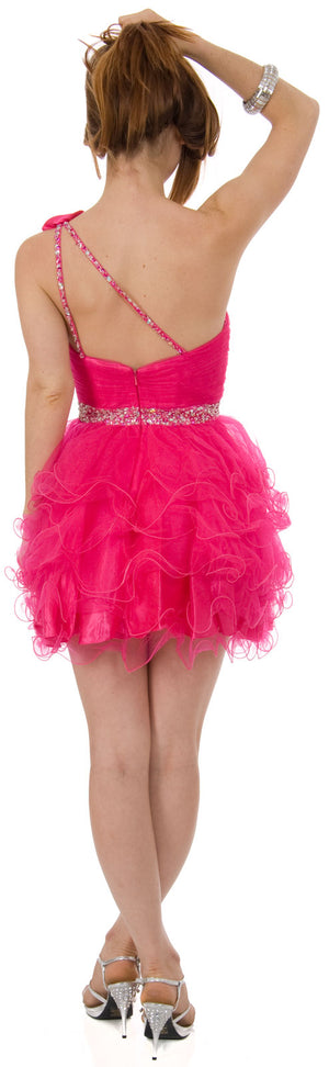 Image of One Shoulder Tiered Skirt Mesh Short Prom Dress  back in Fuchsia