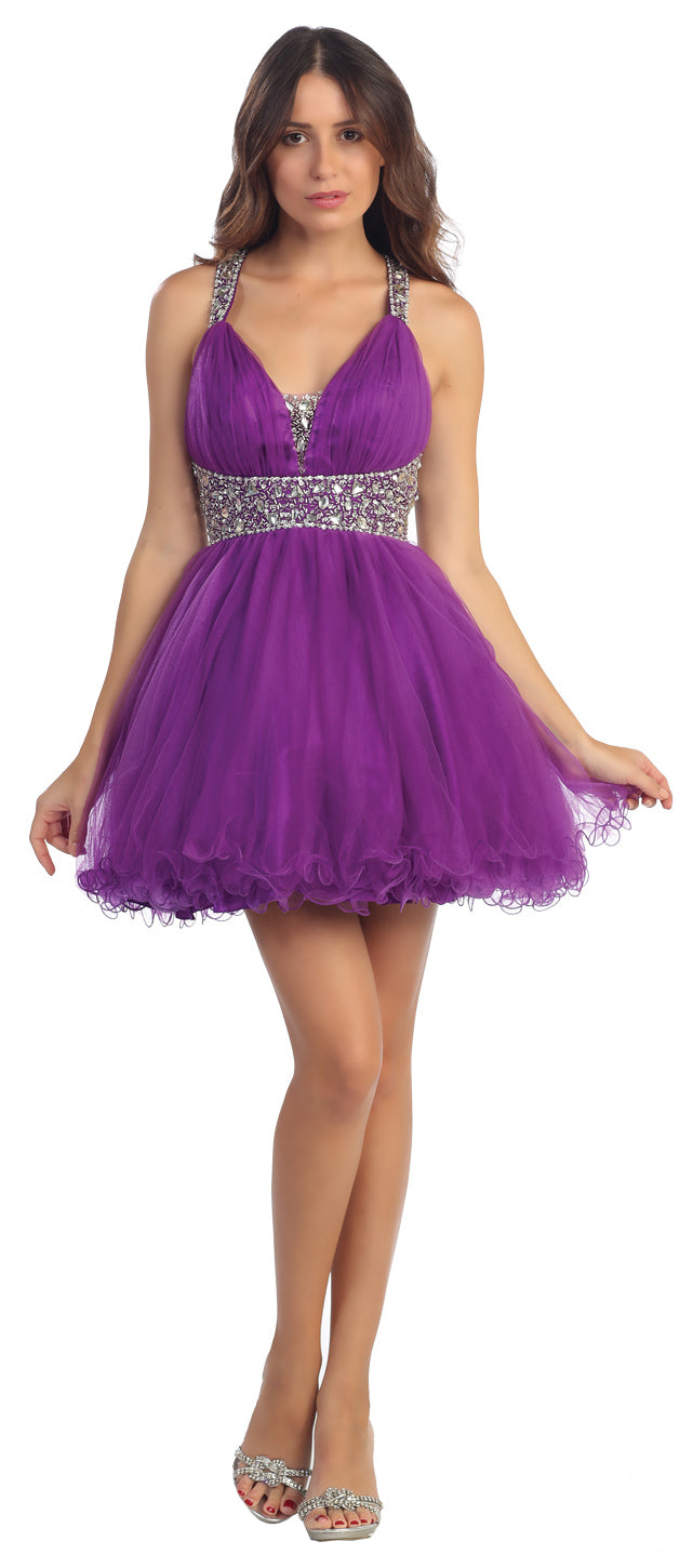 Main image of Broad Straps Beaded Waist Ruffled Short Party Prom Dress