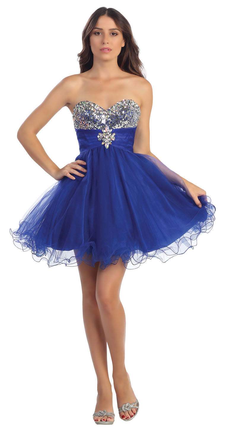 Image of Strapless Sequins Bust Mesh Short Party Prom Dress in Royal Blue