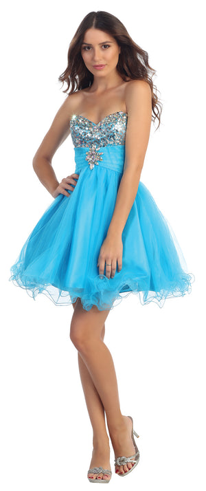 Image of Strapless Sequins Bust Mesh Short Party Prom Dress in Turquoise