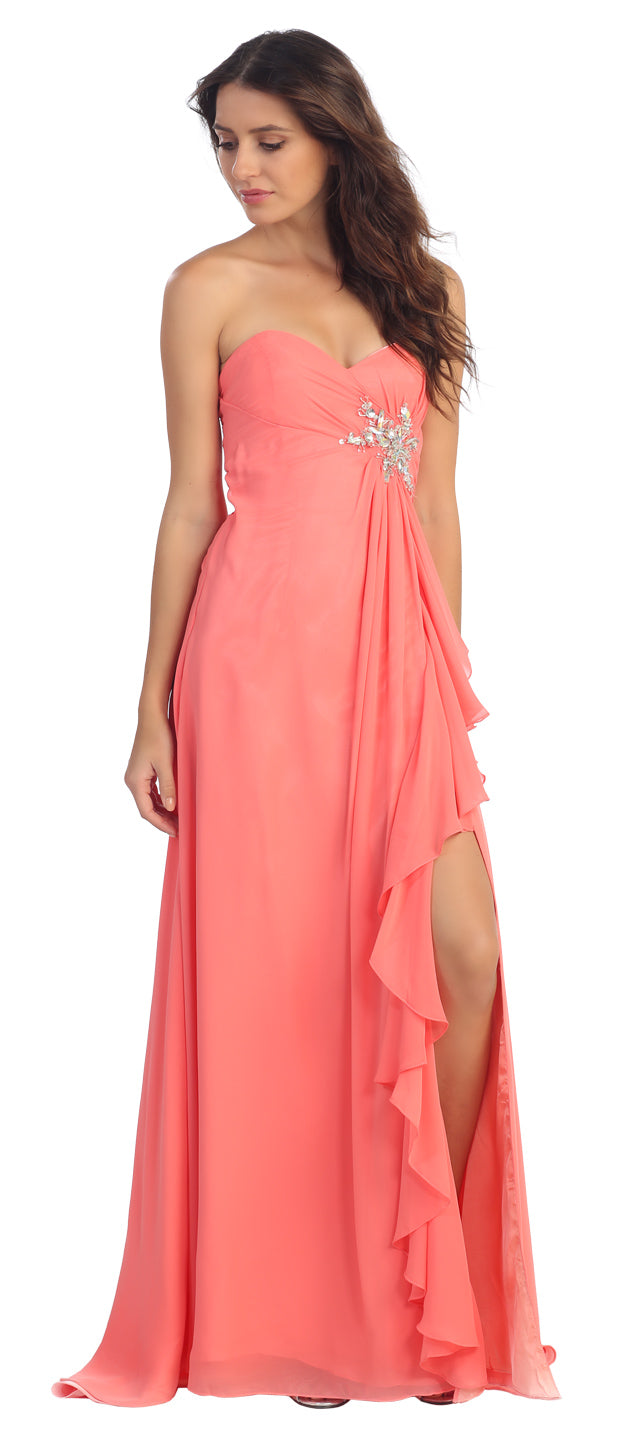Image of Strapless Long Bridesmaid Dress With Ruffled Side Slit  in Coral