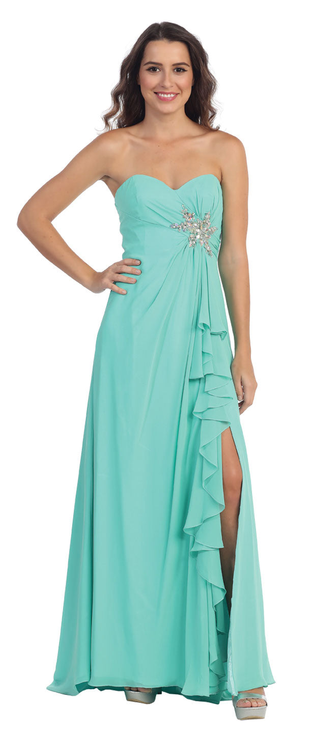 Main image of Strapless Long Bridesmaid Dress With Ruffled Side Slit 