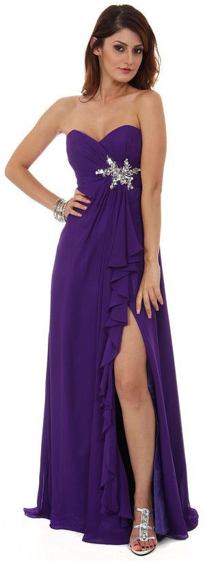 Image of Strapless Long Bridesmaid Dress With Ruffled Side Slit  in alternative picture