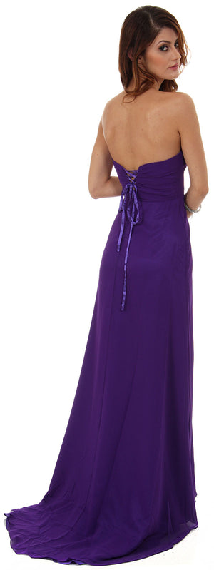 Image of Strapless Long Bridesmaid Dress With Ruffled Side Slit  back in Purple