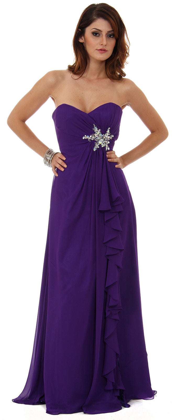 Image of Strapless Long Bridesmaid Dress With Ruffled Side Slit  in Purple
