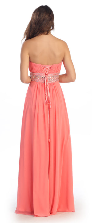 Image of Strapless Beaded Waist Empire Cut Long Formal Dress  back in Coral