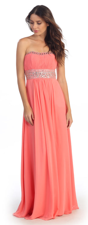 Image of Strapless Beaded Waist Empire Cut Long Formal Dress  in Coral