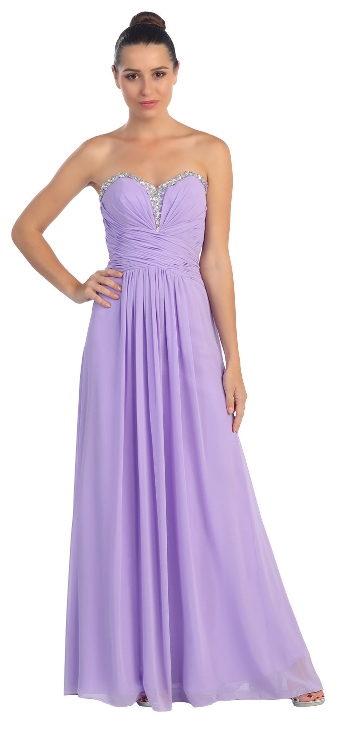 Image of Strapless Beaded & Pleated Long Formal Bridesmaid Dress in Lilac