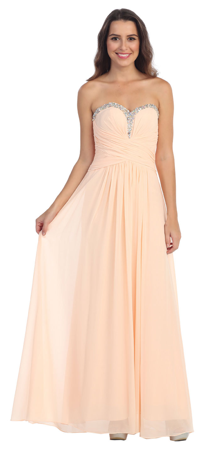 Image of Strapless Beaded & Pleated Long Formal Bridesmaid Dress in Peach