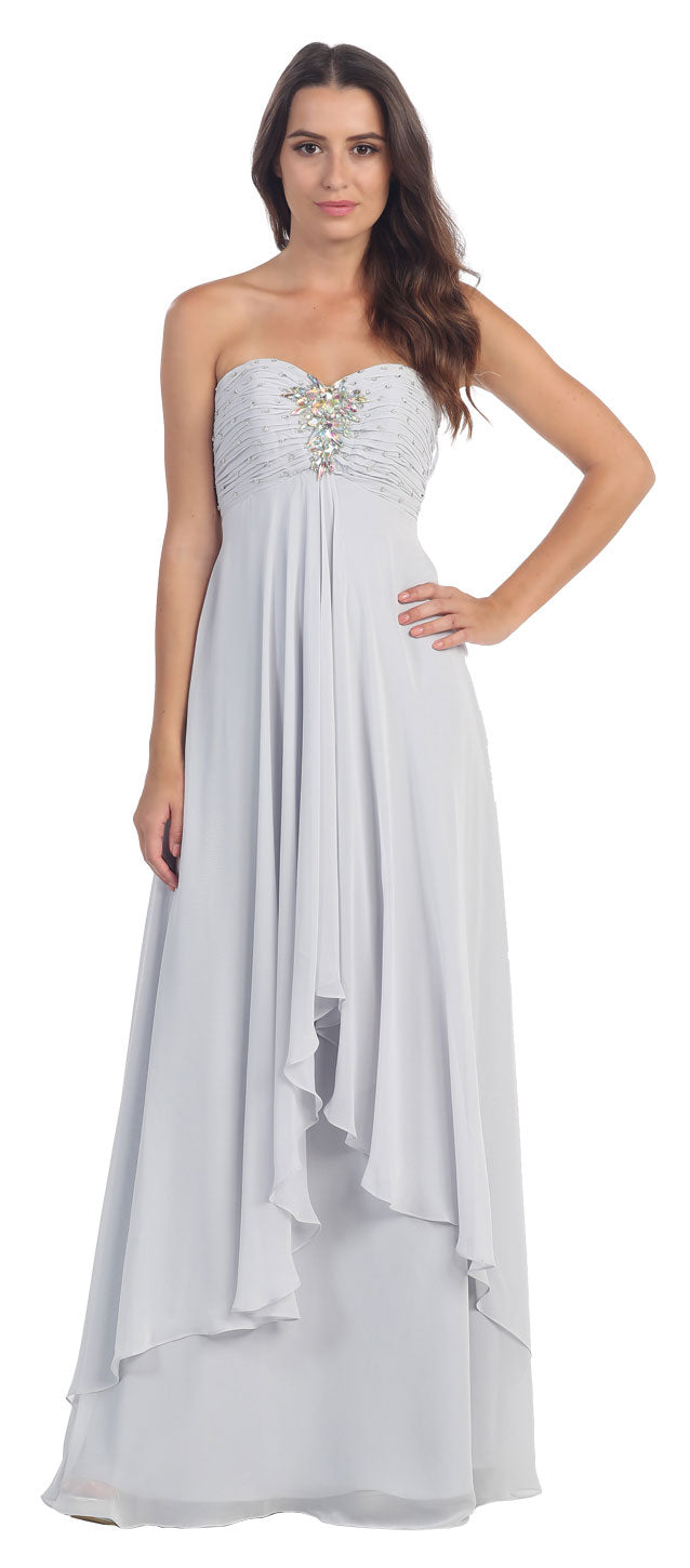 Image of Strapless Rhinestone Bust Long Formal Bridesmaid Dress  in Silver