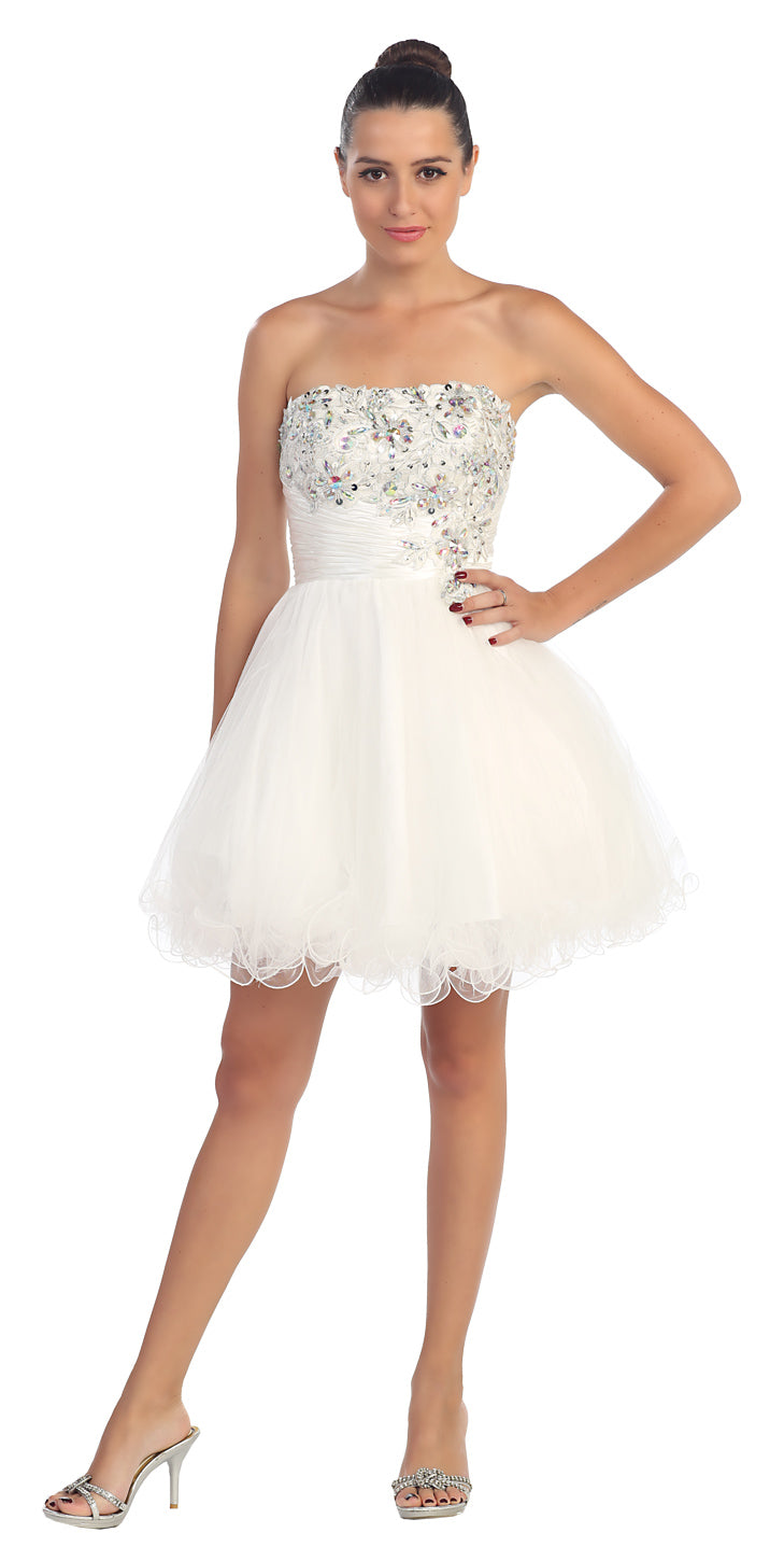 Image of Strapless Rhinestones Bust Short Tulle Party Dress in White